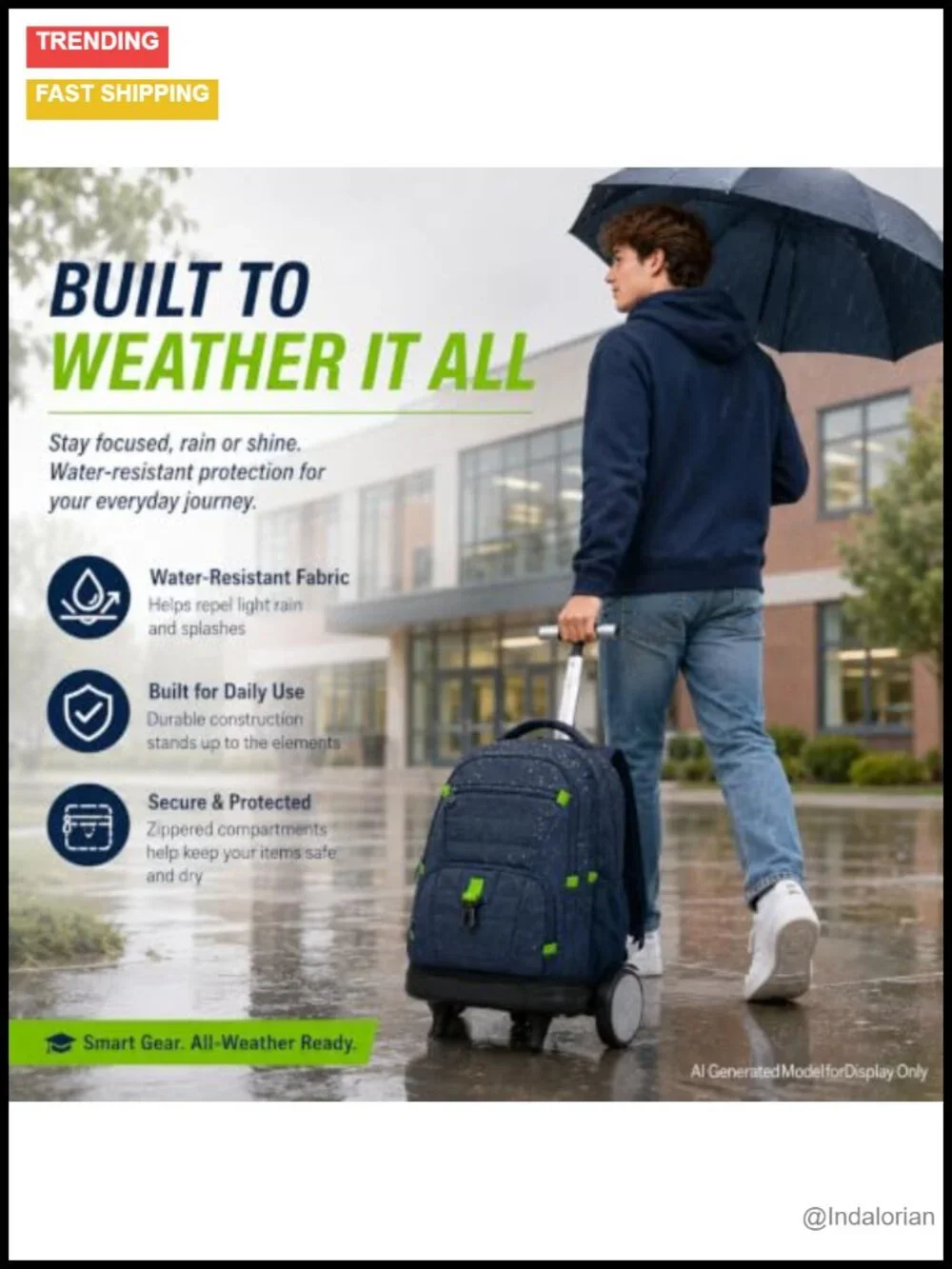 3-in-1 Men's Rolling Backpack with Bigger Wheels, Lunch Box Pencil Bag, Water